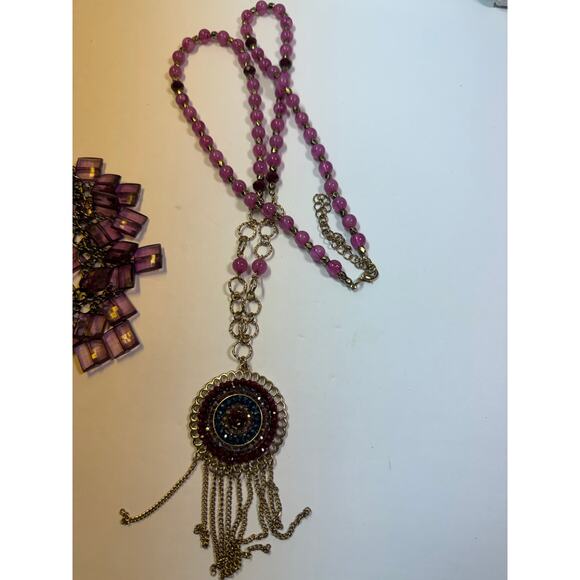 3 purple lavender statement bib flower floral bling enamel necklaces bundle lot - Picture 9 of 10